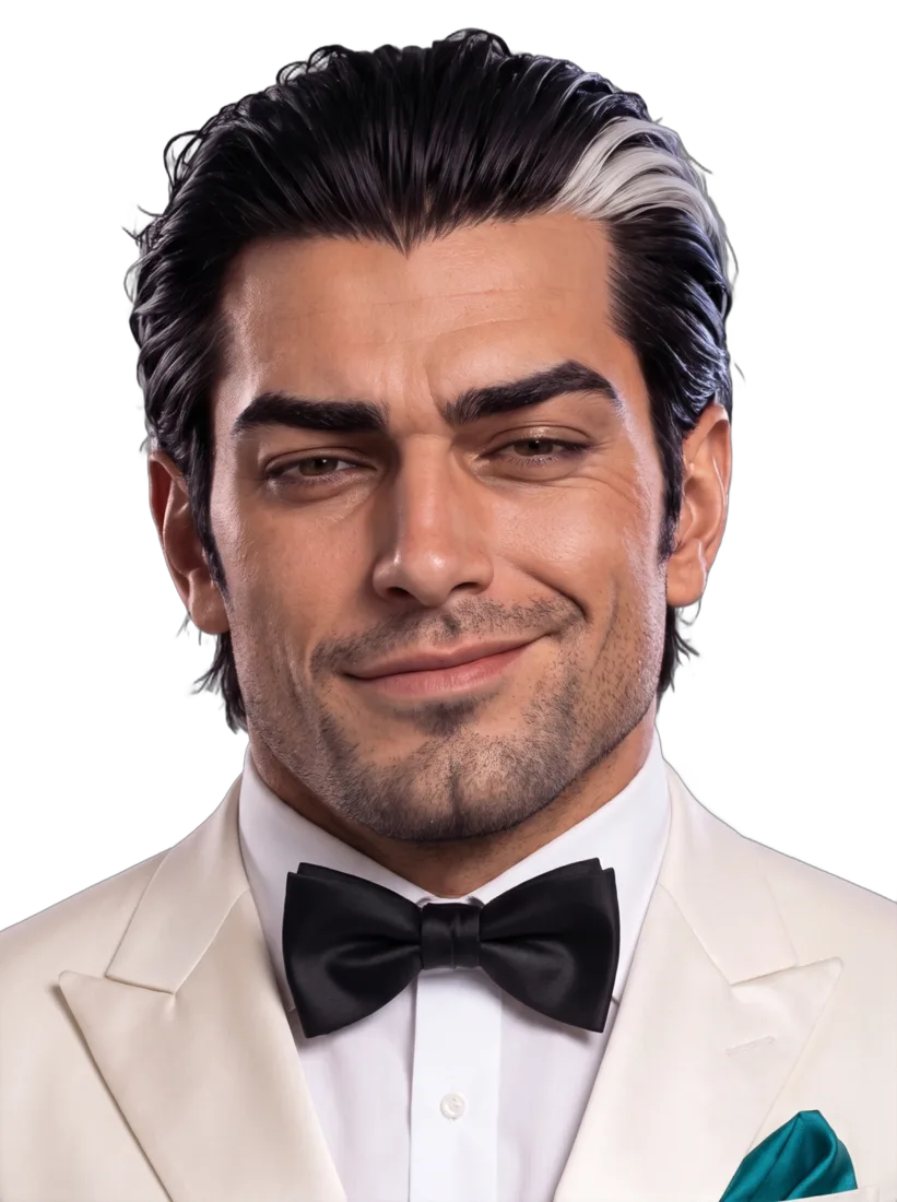 Monty Fathom in an ivory double-breasted suit and black bow tie, smiling smugly